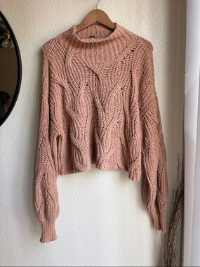 Free People Chunky Cable-Knit Pullover Sweater Beige Mock Neck Women’s Size M
